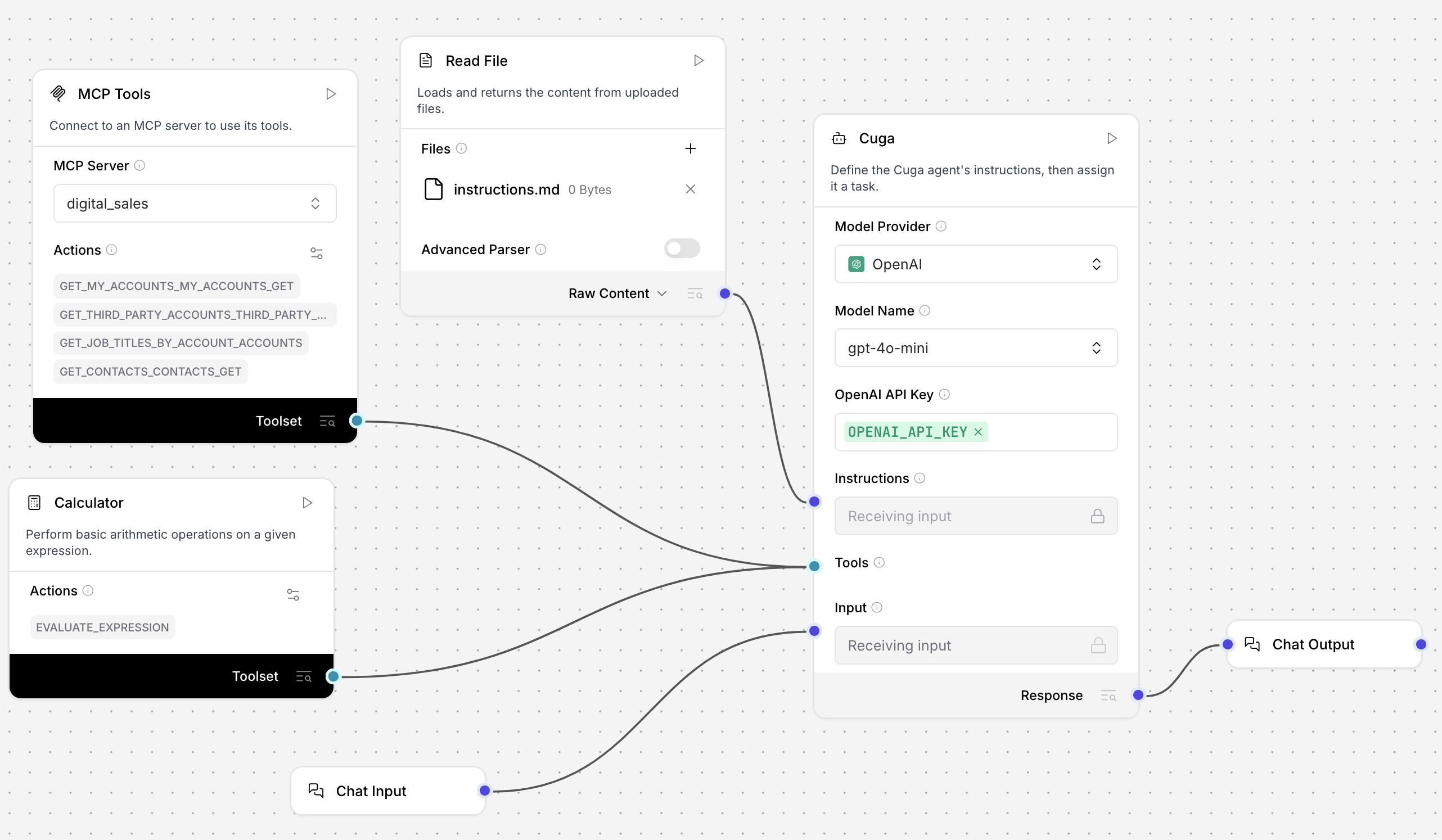一个基本的代理聊天流，包含聊天输入、CUGA 和聊天输出组件，以及各种工具和文件输入。