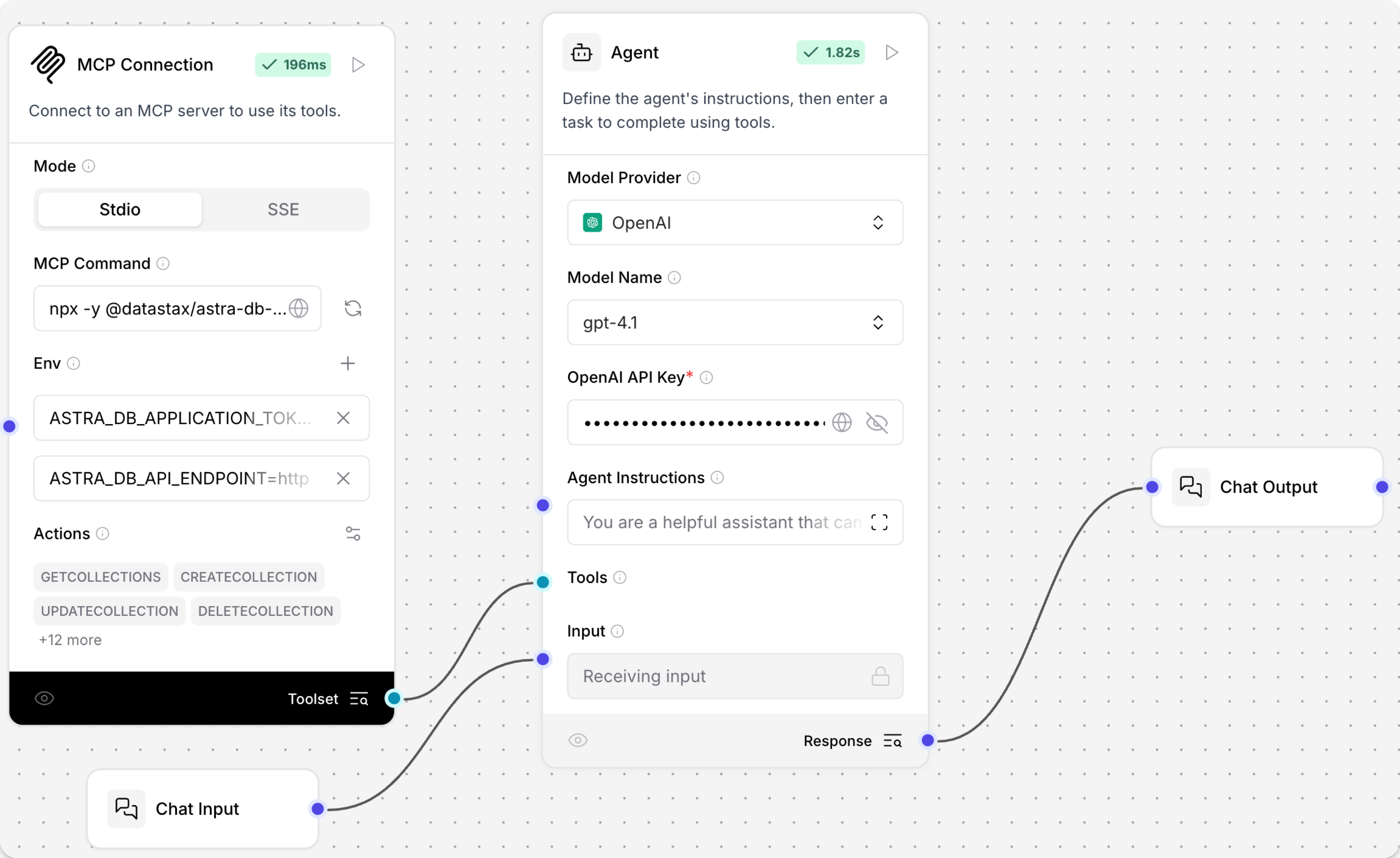 Simple Agent 流，其中 URL 工具被替换为 MCP Tools 组件，且 MCP Tools 组件正在启动 Astra DB MCP 服务器