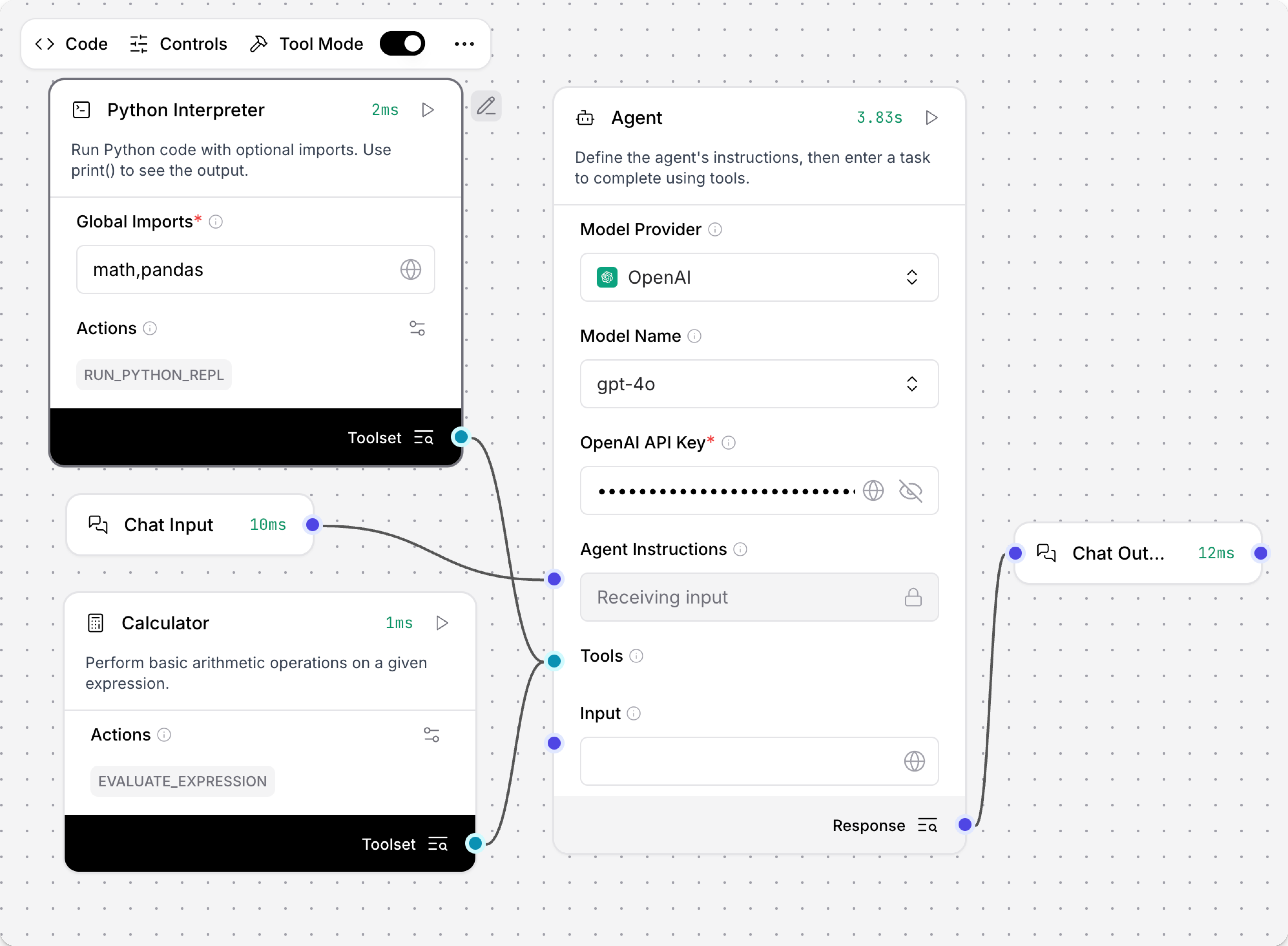 连接到代理组件的 Python 解释器和计算器组件